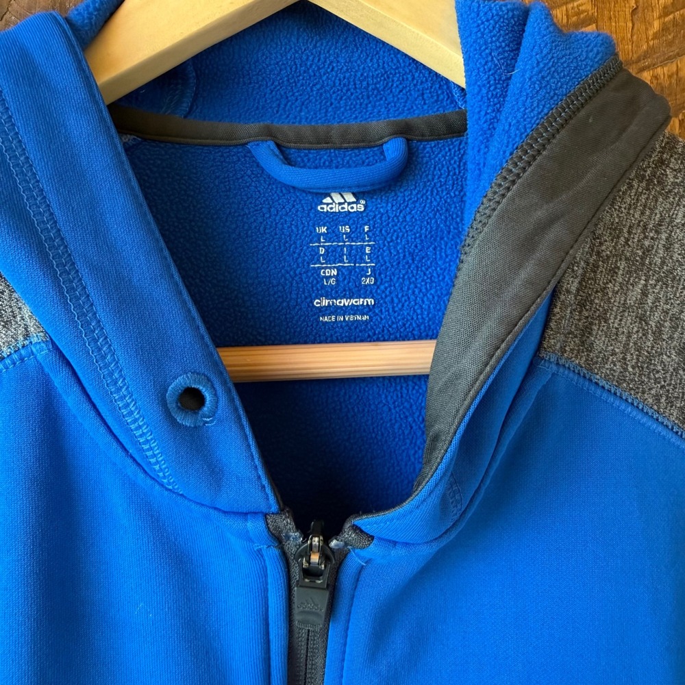Adidas Full Zip Hoodie Mens Large Blue Gray Climawarm Fleece Raglan Jacket - Picture 4 of 9